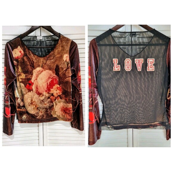 Vintage Y2K 2000s Velvet Mesh Graphic Studded Long Sleeve Top Grunge Goth Punk - Picture 1 of 12
